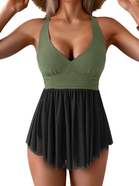 Snapklik.com : Womens One Piece Swim Dress Swimsuit Tummy Control Mesh
