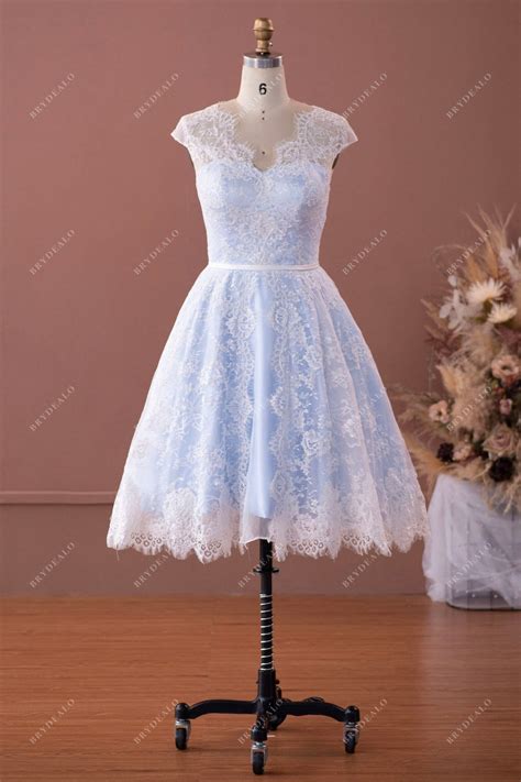 Tea-Length Lace Sky Blue Cap Sleeve Bridal Gown | Brydealo