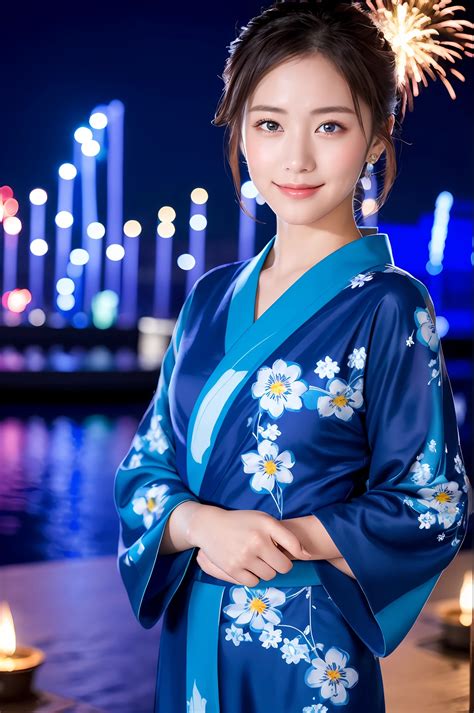 Arafed woman in a blue kimono standing by a lake - SeaArt AI