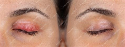 Olho Inchado Na Palpebra - Macro do olho de uma mulher com pálpebra inchada e inflamada, sintomas ...