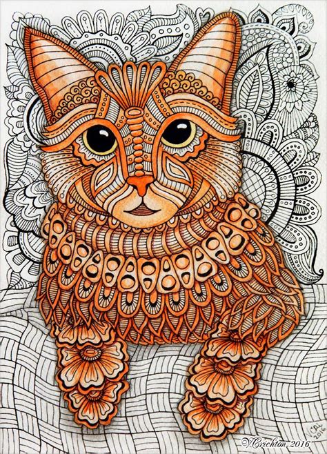 Zentangle stylized Cat illustration. Gel pen, watercolor. Author ...