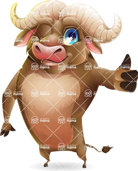 funny buffalo cartoon character  poses set making thumbs