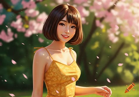 cute anime style woman   bob haircut   yellow sundress stands