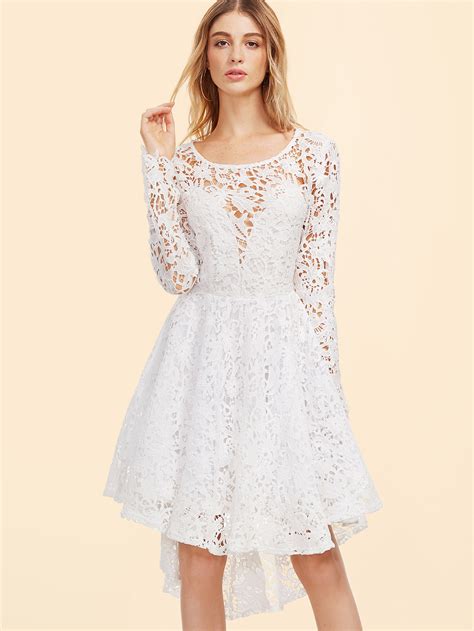 White Embroidered Lace Overlay Open Back Skater Dress -SheIn(Sheinside)