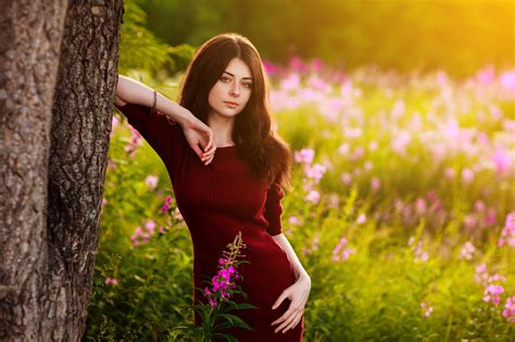 Download Outdoor Blur Sunny Red Dress Brunette Model Woman Style HD ...