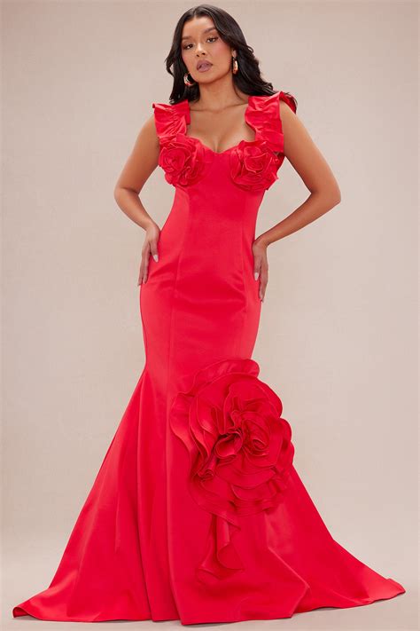 Sofia Floral Applique Satin Gown - Red | Fashion Nova