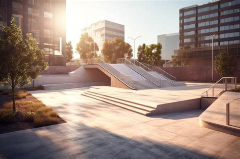 Premium AI Image | A city park with a concrete ramp and trees in the ...