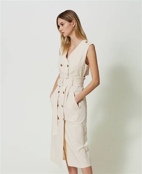 Abito longuette doppiopetto in popeline Donna, Beige | TWINSET Milano
