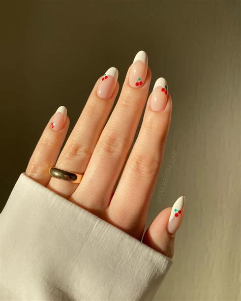 cherry french tip nail art for spring 🍒🌱 ☁️ | Cherry nails, French ...