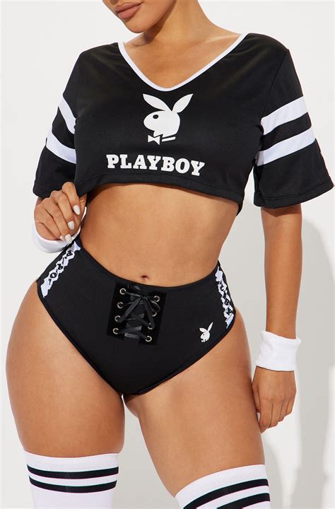 Playboy Tight End Bunny 3 Piece Costume Set - Black/White | Fashion Nova