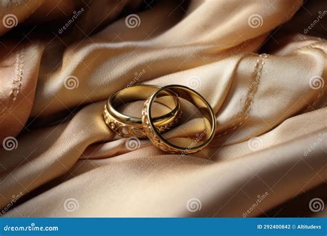 wedding rings intertwined   silk fabric stock photo image