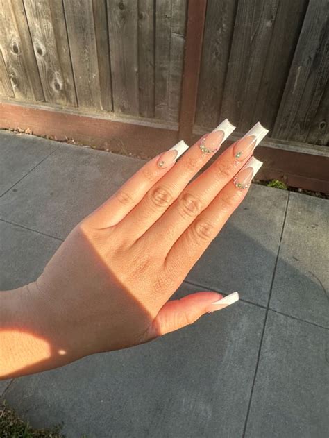 Long White French Tip Acrylic Nails with Gems