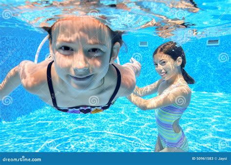 Happy Children Swim in Pool Underwater, Girls Swimming Stock Image ...