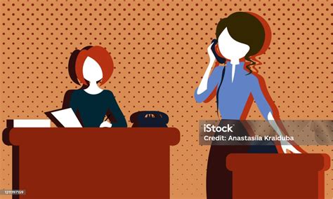 dua kartun wanita  wajah  kantor vintage ilustrasi stok