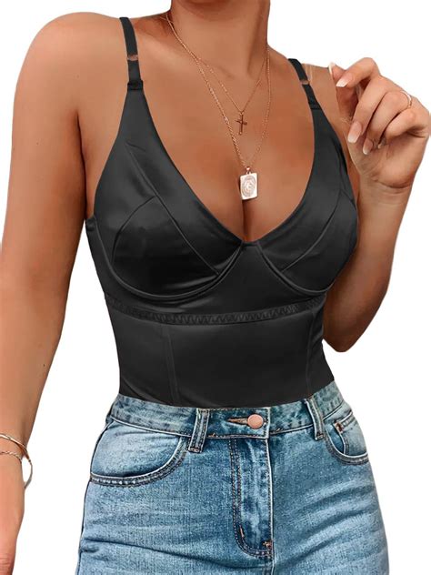 Dlsave Sexy Neon Corset Top for Women Deep V Neck Satin Bodysuit Going