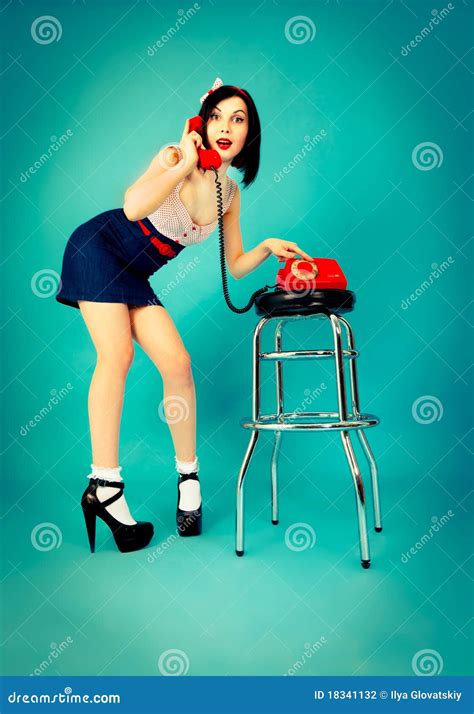 Beautiful Pin Up Woman with Telephone Stock Photo - Image of looking ...