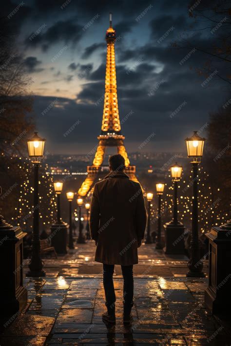 Premium AI Image | A man looking at eiffel tower at night