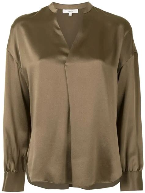 Buy Vince Mandarin Collar V-neck Blouse - Brown At 53% Off | Editorialist