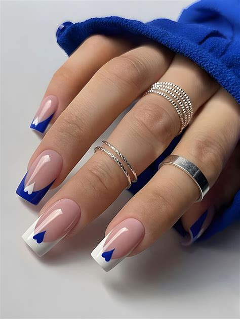 24pcs Square Short False Nails With Simple & Blue & French & Heart ...