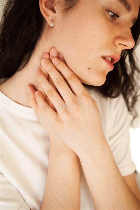 Sick Attractive Girl Touches Throat with Pain. Laryngitis First ...
