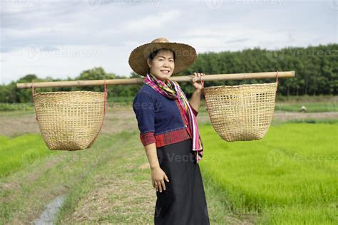 Portrait of Asian woman farmer is at paddy field, carry two baskets on