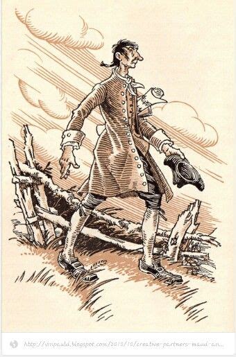 an old drawing of a man with a hat and coat standing in front of a fence