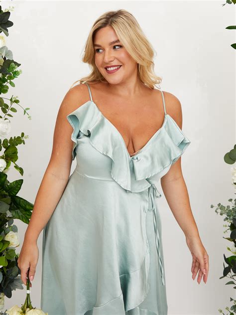 Sage Green Midi Bridesmaid Dress | Cold Shoulder Midi Wrap Satin Dress