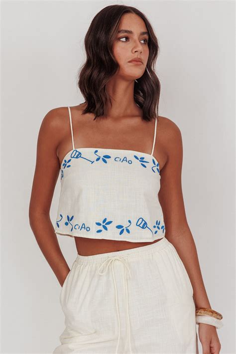 shop  sorrento summer embroidered crop top beige
