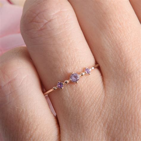 Rose Gold Small Amethyst Promise Ring, Womens Gold Amethyst Ring