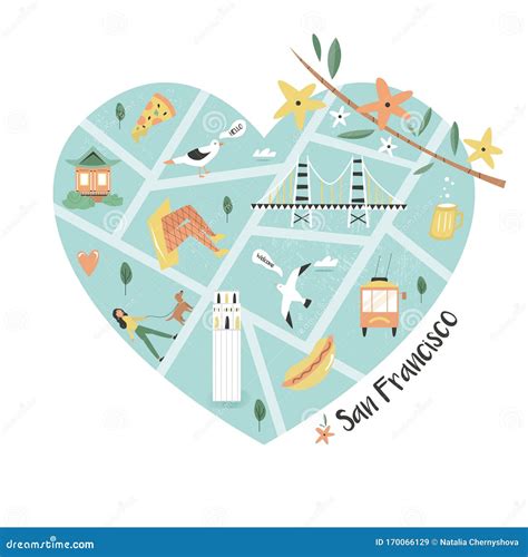 San Francisco Illustrated City Map with Landmarks Stock Vector