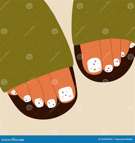 Woman Pedicure Design. Female Cartoon Feet Fingers Colorful Polished