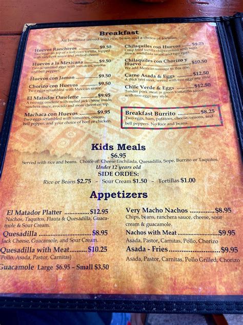 Menu at El Matador Authentic restaurant, Irwindale