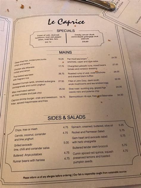 Menu at Le Caprice restaurant, London, 20 Arlington St