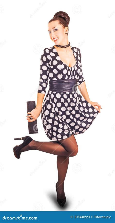 Lady in a Polka Dot Dress on a White Stock Image - Image of elegance ...