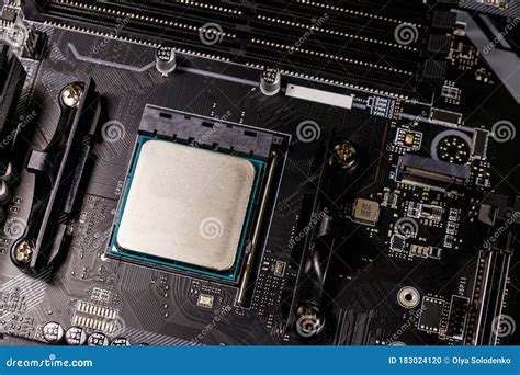 close   modern computer motherboard  installed cpu electronic