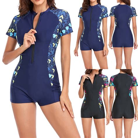 Women's One Piece Swimsuit Short Sleeve Zipper Front Boyshort Bathing
