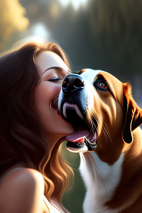 Lexica - A detailed picture of a dog licking a cute calm girl, licking