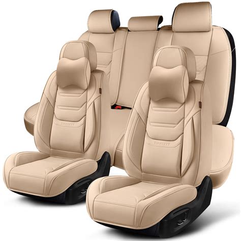 TIEHESYT Beige Car Seat Covers Full Set, Breathable Leather Automotive Front and Rear Seat ...