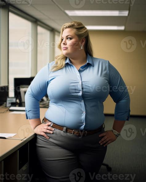 a fat woman standing in an office with her hands on her hips generative
