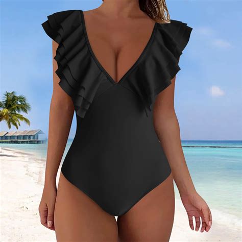 Women Ruffled 1 Piece Swimsuit V Neck Push Up Tank Swimwear Vintage