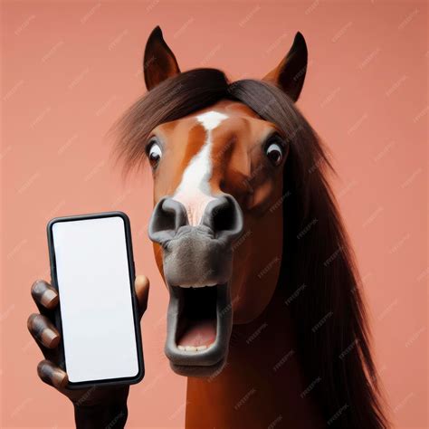 Premium Photo | Shocked horse holding smartphone with white mockup