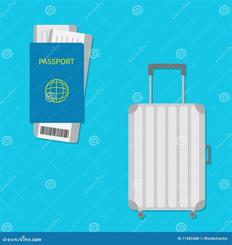 Passport, Air Boarding Pass Ticket with Barcode. Suitcase Icon. Travel