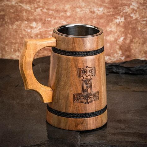 Handmade Wooden Tankard With Mjolnir Engraving - Norse Spirit