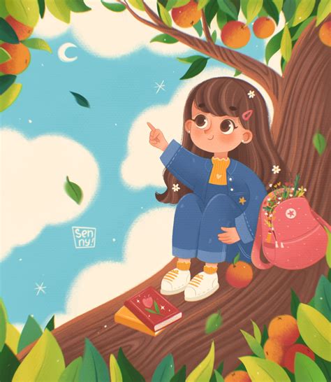 Иллюстрация Девочка на дереве 🍎☁️ в стиле детский, книжная графика,