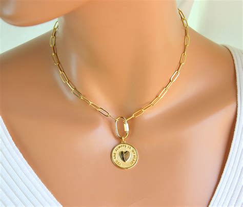 Gold Heart Choker Necklace Carabiner Chain Necklace Gold Filled Chunky Paper Clip Chain Heart ...