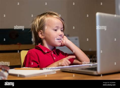 young boy speaks   kindergarten teacher   laptop