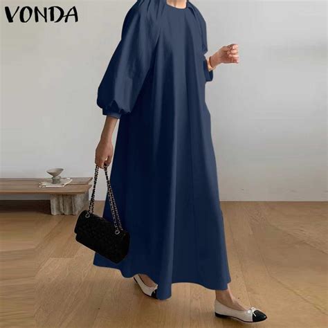 VONDA Весенние женские платья макси с пышными рукавами, мешковатое ...