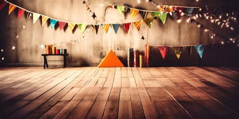 Premium AI Image | Birthday party background with wooden floor and buntings