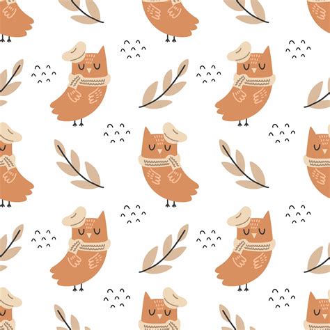 owl  beret autumn illustration cute seamless pattern wallpaper