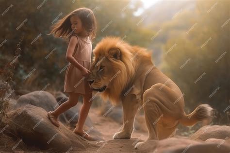Premium AI Image | A kid and lion playing together photo illustration